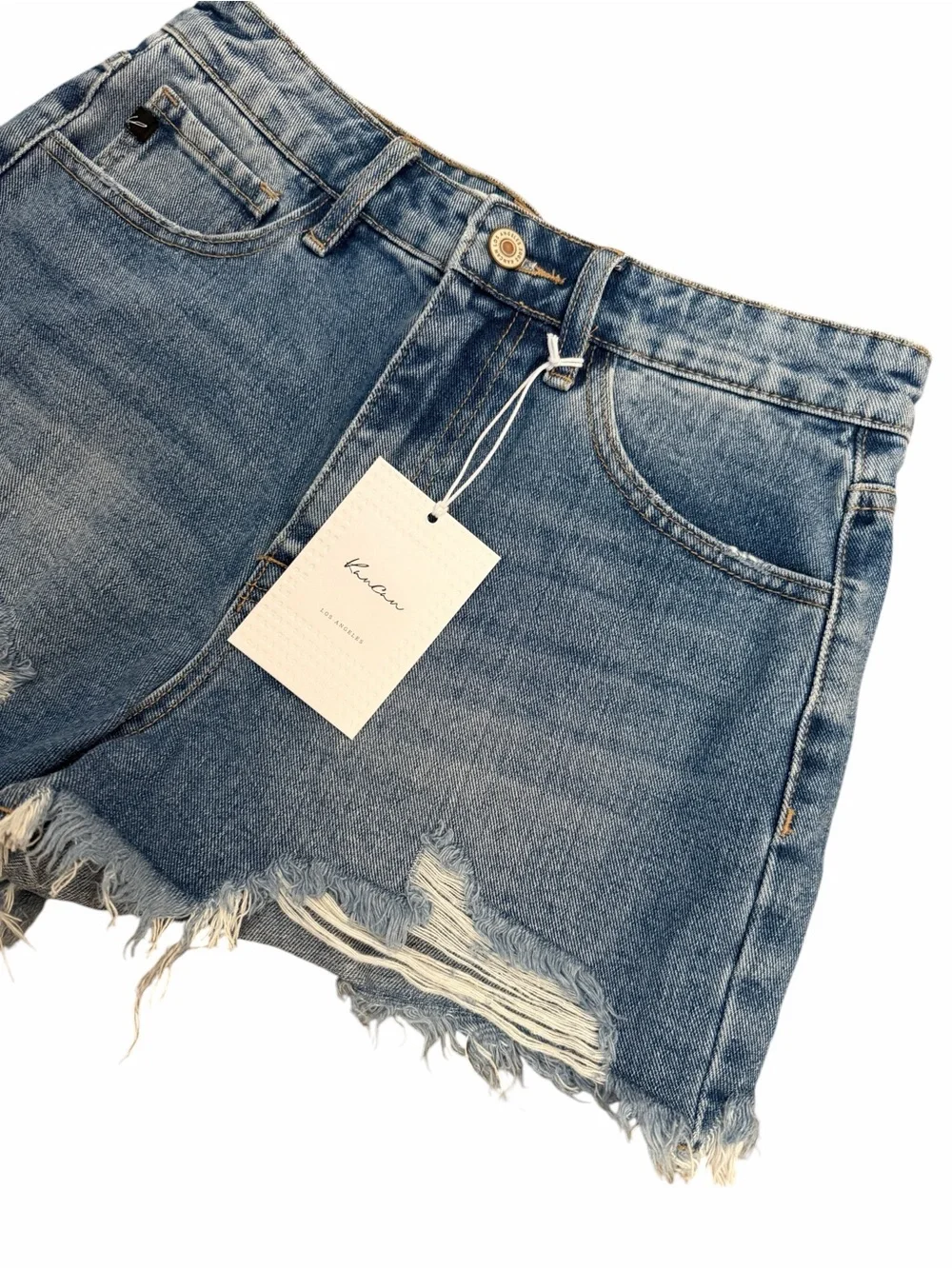 Kancan Distressed Denim Cutoff Shorts Women’s Size 5/26 High Rise Frayed Hem NWT - Picture 2 of 7